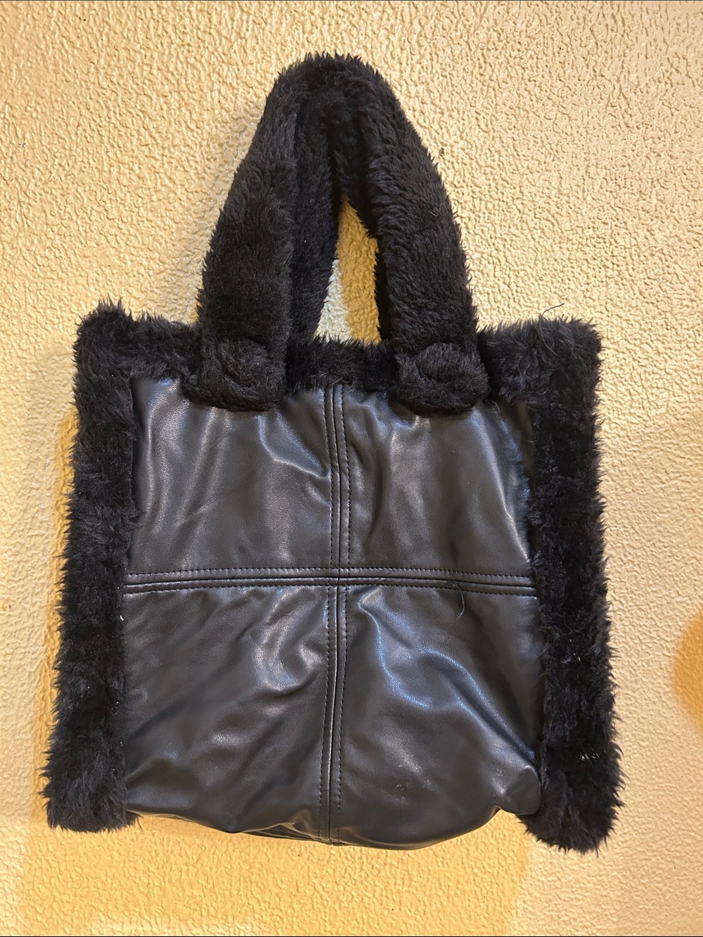 Black Faux Leather Tote with Plush Faux Fur Trim
